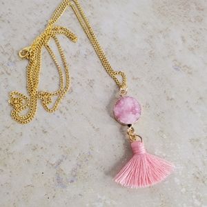 CLOSET CLOSING Pink & Gold Acrylic Druzy Tassel Necklace